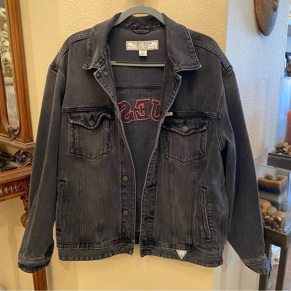 GUESS Men Gray Trucker Denim Embroidered Logo Jacket Size XL